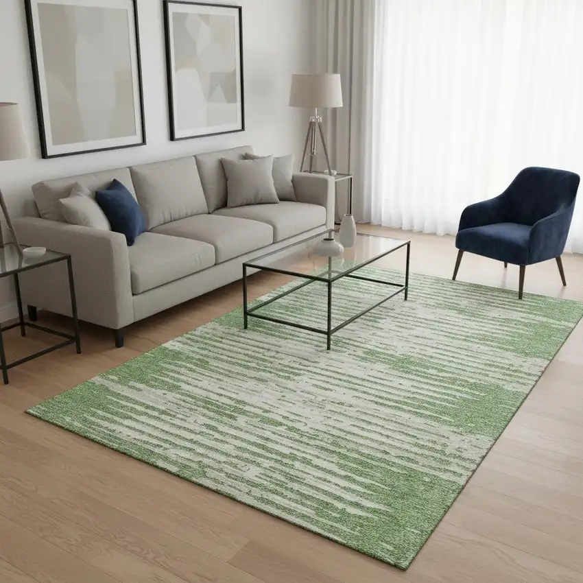 Green And Ivory Striped Washable Area Rug With UV Protection Photo 2