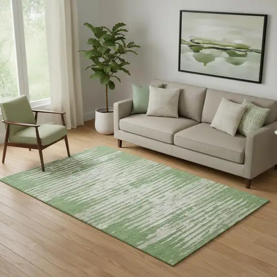 Green And Ivory Striped Washable Area Rug With UV Protection Photo 1