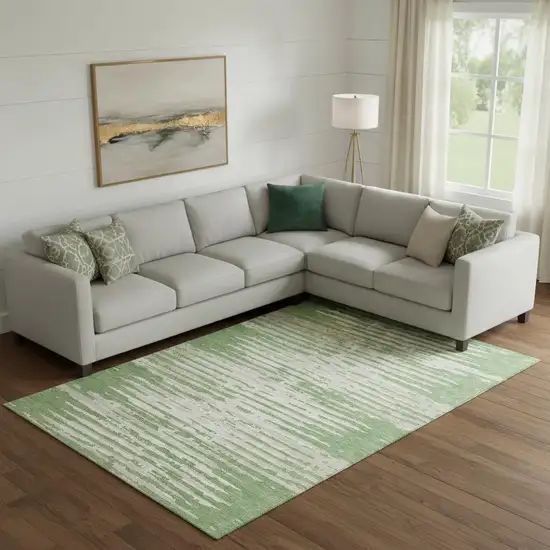 Green And Ivory Striped Washable Area Rug With UV Protection Photo 1