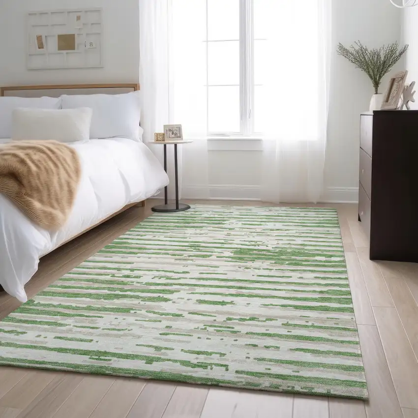 Green And Ivory Striped Washable Area Rug With UV Protection Photo 5