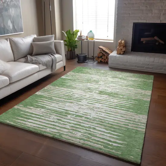 Green And Ivory Striped Washable Area Rug With UV Protection Photo 6