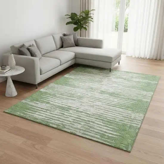 Green And Ivory Striped Washable Area Rug With UV Protection Photo 2