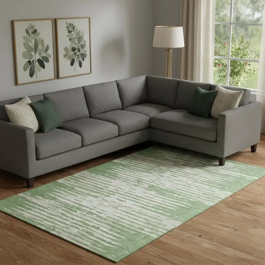 Green And Ivory Striped Washable Area Rug With UV Protection Photo 1