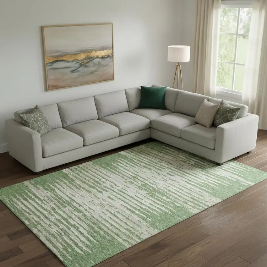 Green And Ivory Striped Washable Area Rug With UV Protection Photo 1