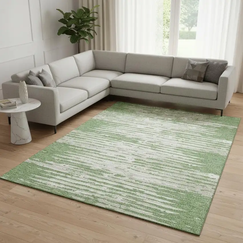 Green And Ivory Striped Washable Area Rug With UV Protection Photo 2