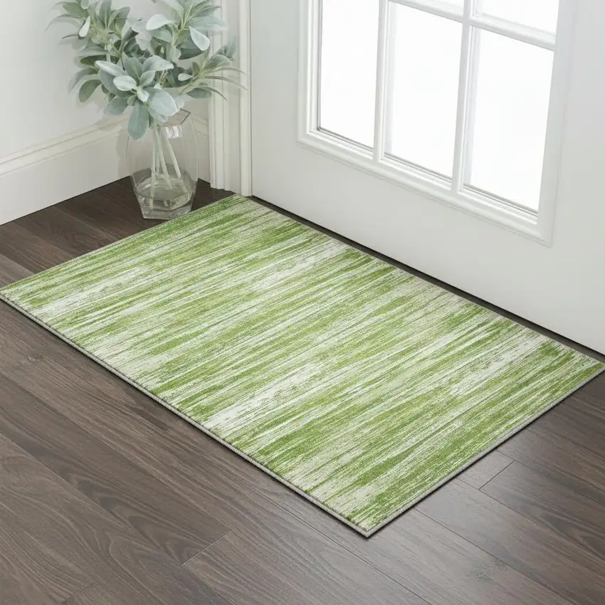 Green And Ivory Striped Washable Area Rug With UV Protection Photo 2
