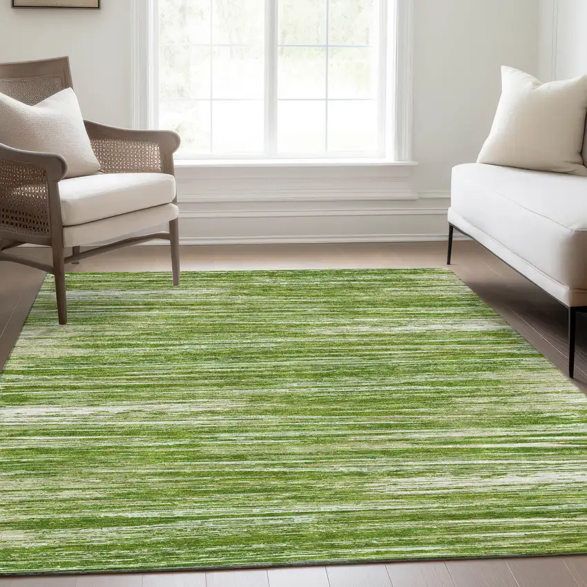Green And Ivory Striped Washable Area Rug With UV Protection Photo 6