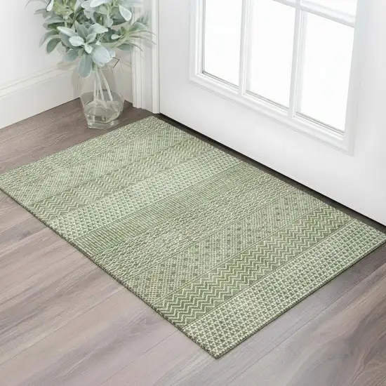Green And Ivory Striped Washable Area Rug With UV Protection Photo 1