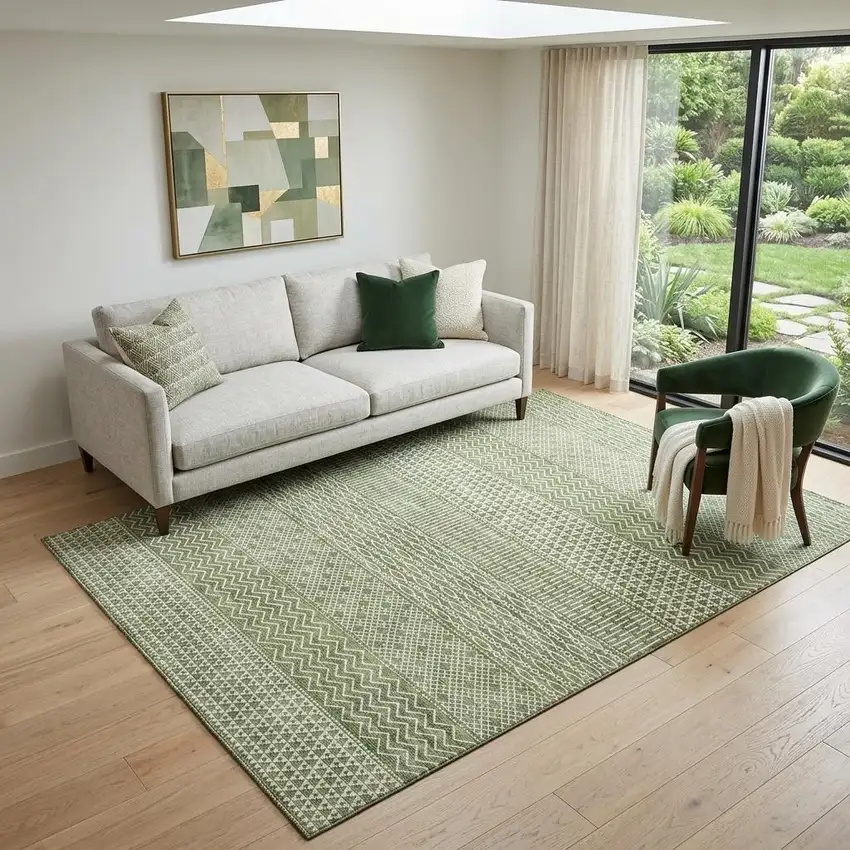 Green And Ivory Striped Washable Area Rug With UV Protection Photo 1
