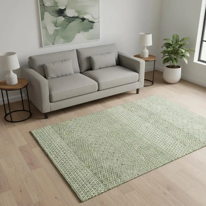 Green And Ivory Striped Washable Area Rug With UV Protection Photo 2