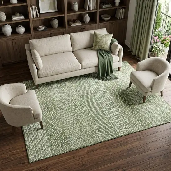 Green And Ivory Striped Washable Area Rug With UV Protection Photo 1