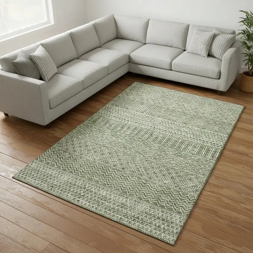 Green And Ivory Striped Washable Area Rug With UV Protection Photo 2