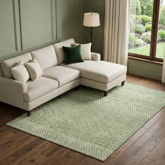 Green And Ivory Striped Washable Area Rug With UV Protection Photo 1