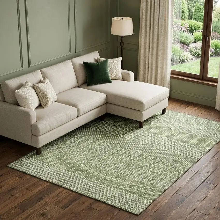 Green And Ivory Striped Washable Area Rug With UV Protection Photo 1
