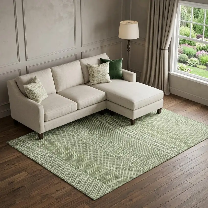 Green And Ivory Striped Washable Area Rug With UV Protection Photo 1