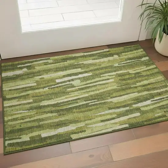 Green And Ivory Striped Washable Area Rug With UV Protection Photo 2