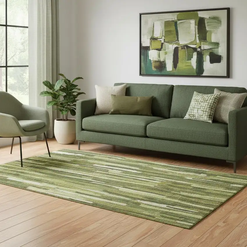 Green And Ivory Striped Washable Area Rug With UV Protection Photo 2