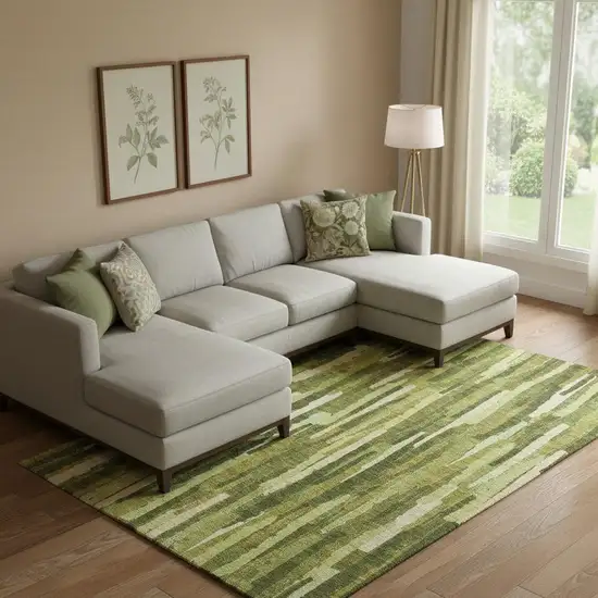 Green And Ivory Striped Washable Area Rug With UV Protection Photo 2