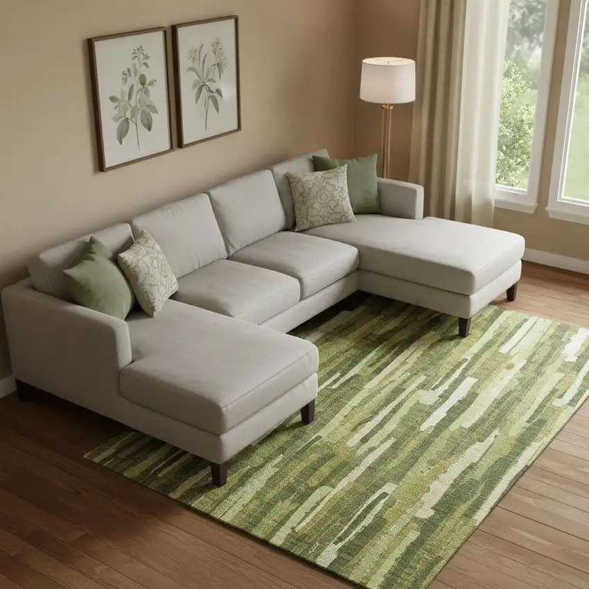 Green And Ivory Striped Washable Area Rug With UV Protection Photo 2