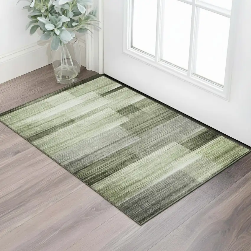 Green And Ivory Striped Washable Area Rug With UV Protection Photo 2