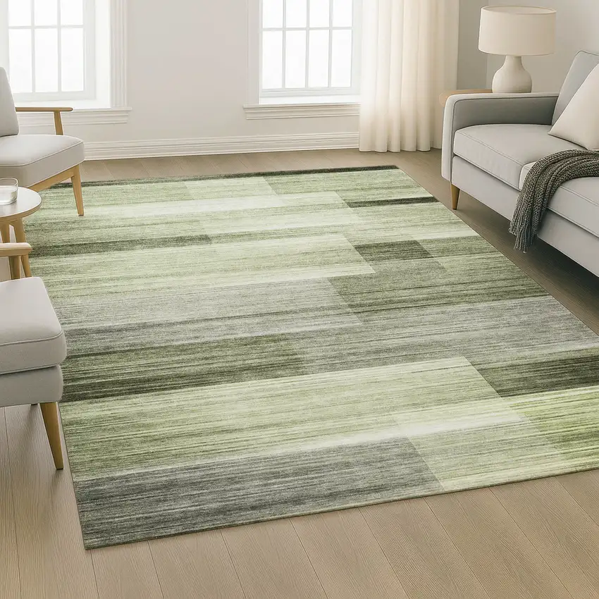 Green And Ivory Striped Washable Area Rug With UV Protection Photo 6