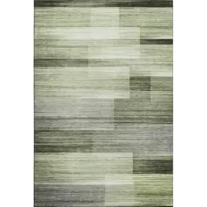 Photo of Green And Ivory Striped Washable Area Rug With UV Protection