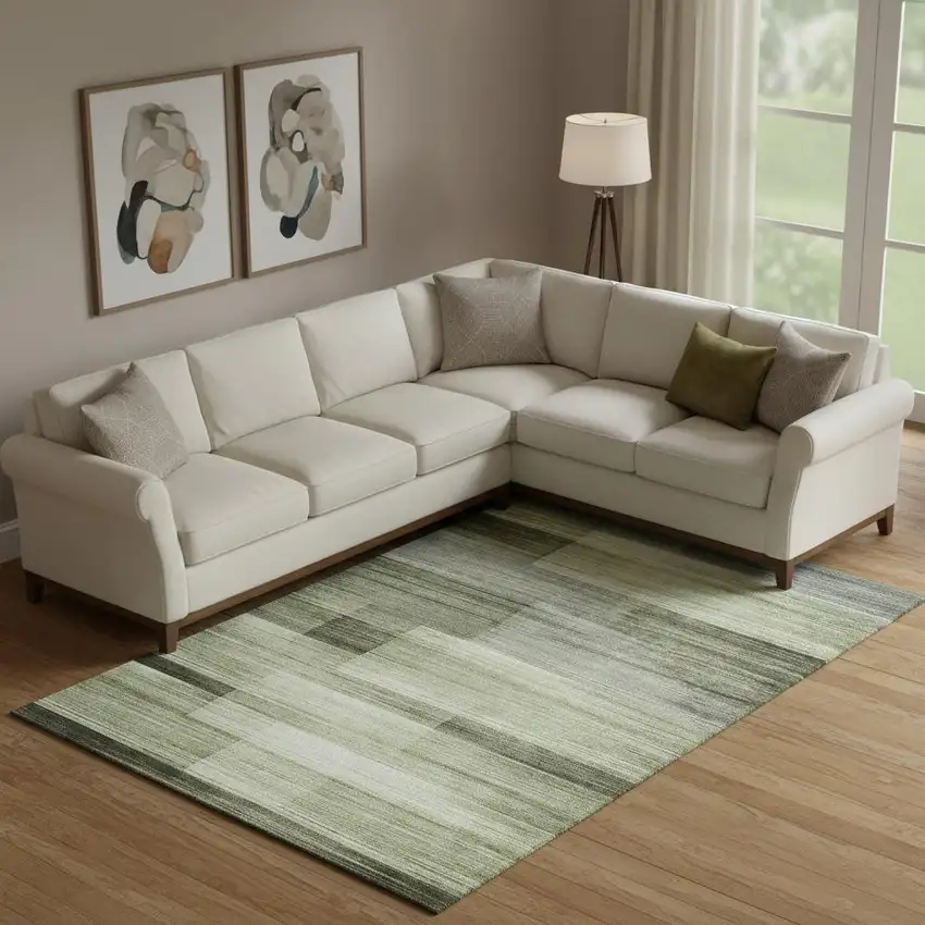 Green And Ivory Striped Washable Area Rug With UV Protection Photo 2