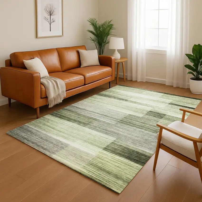 Green And Ivory Striped Washable Area Rug With UV Protection Photo 5