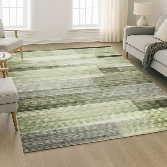 Green And Ivory Striped Washable Area Rug With UV Protection Photo 6