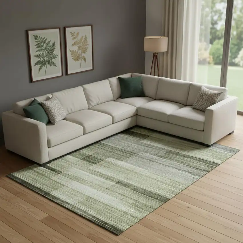 Green And Ivory Striped Washable Area Rug With UV Protection Photo 2