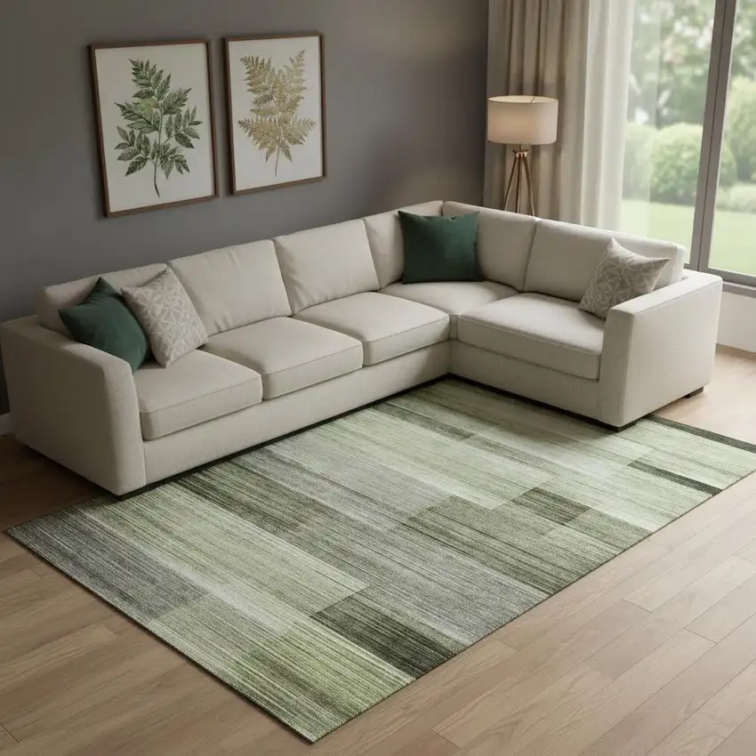 Green And Ivory Striped Washable Area Rug With UV Protection Photo 1