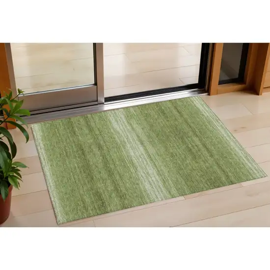 Green And Ivory Striped Washable Indoor Outdoor Area Rug Photo 1