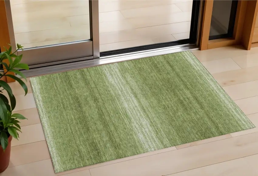 Green And Ivory Striped Washable Indoor Outdoor Area Rug Photo 1