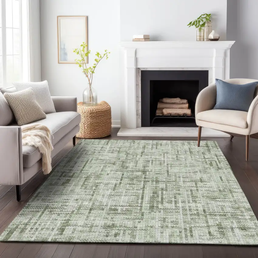 Green And Ivory Striped Washable Indoor Outdoor Area Rug Photo 5