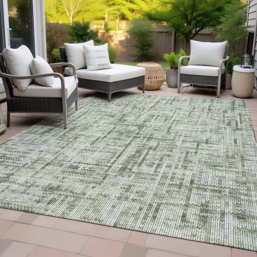 Green And Ivory Striped Washable Indoor Outdoor Area Rug Photo 7