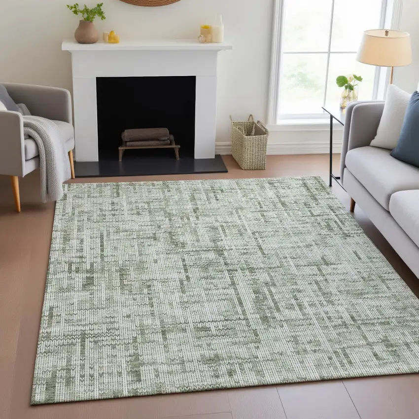 Green And Ivory Striped Washable Indoor Outdoor Area Rug Photo 3
