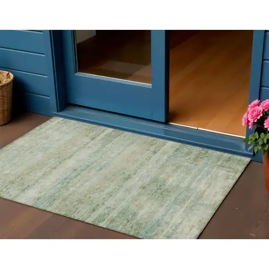 Green And Ivory Striped Washable Indoor Outdoor Area Rug Photo 2