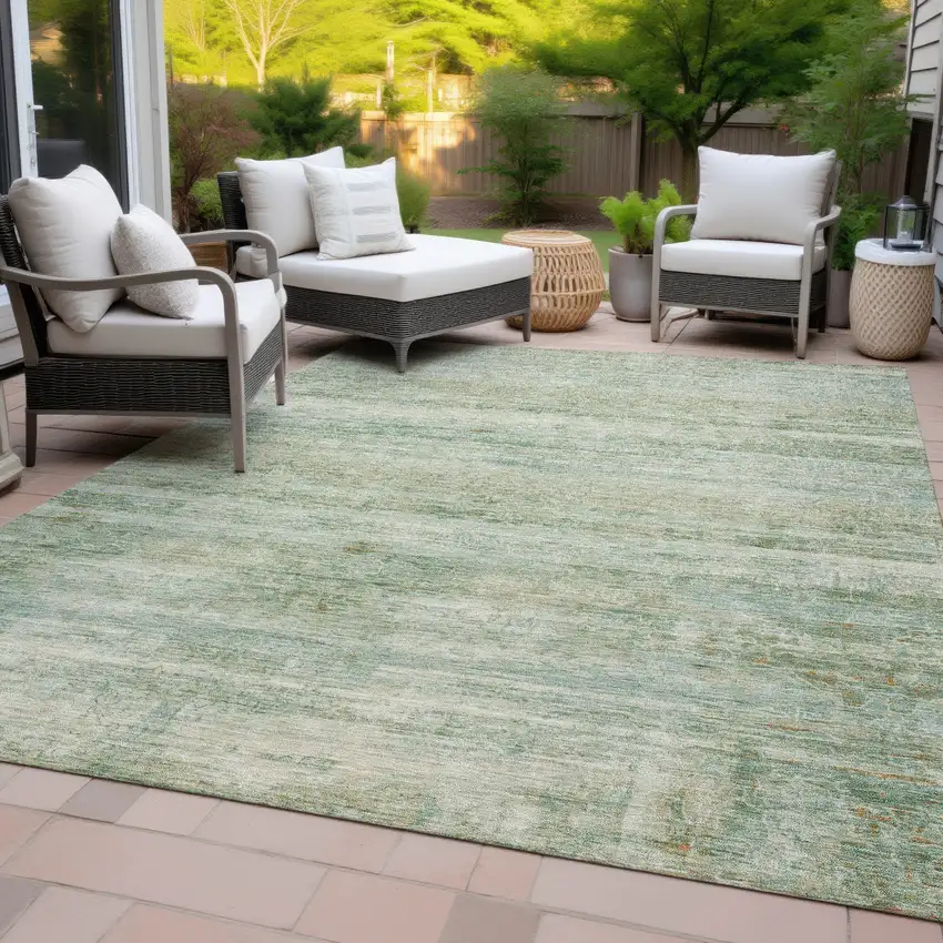 Green And Ivory Striped Washable Indoor Outdoor Area Rug Photo 7