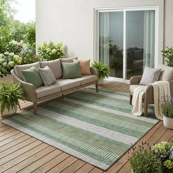 Green And Ivory Striped Washable Indoor Outdoor Area Rug Photo 1