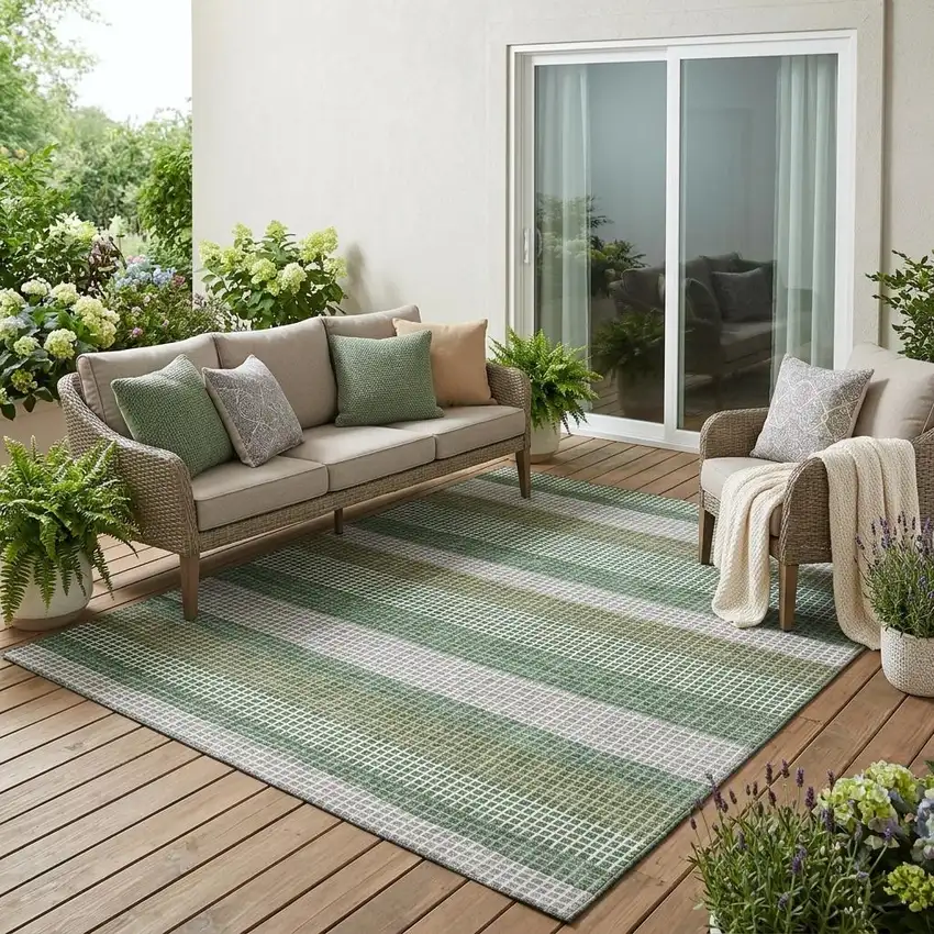 Green And Ivory Striped Washable Indoor Outdoor Area Rug Photo 1