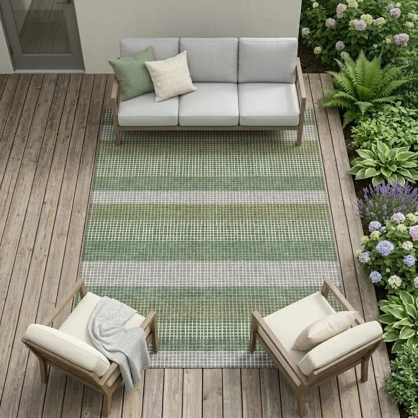 Green And Ivory Striped Washable Indoor Outdoor Area Rug Photo 1