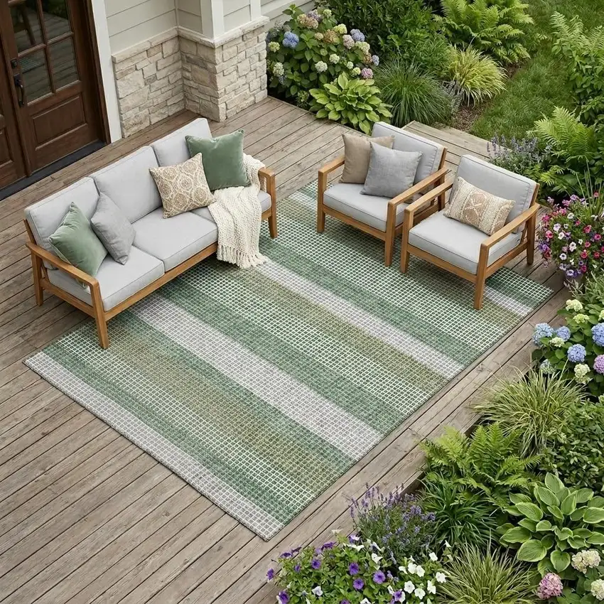 Green And Ivory Striped Washable Indoor Outdoor Area Rug Photo 1