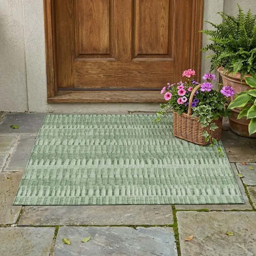 Green And Ivory Striped Washable Indoor Outdoor Area Rug Photo 1