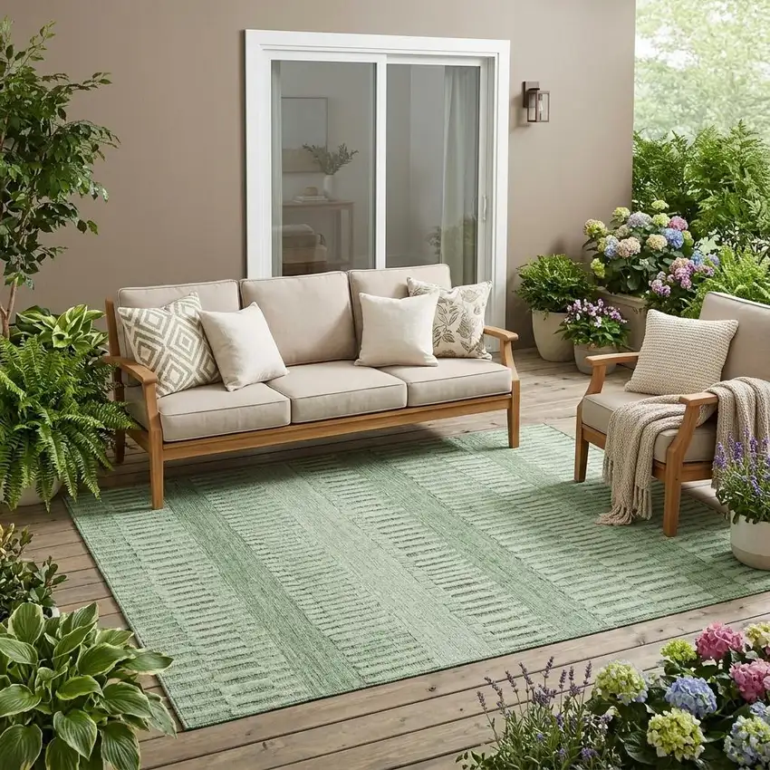 Green And Ivory Striped Washable Indoor Outdoor Area Rug Photo 1