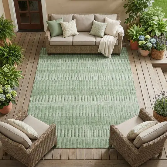 Green And Ivory Striped Washable Indoor Outdoor Area Rug Photo 1