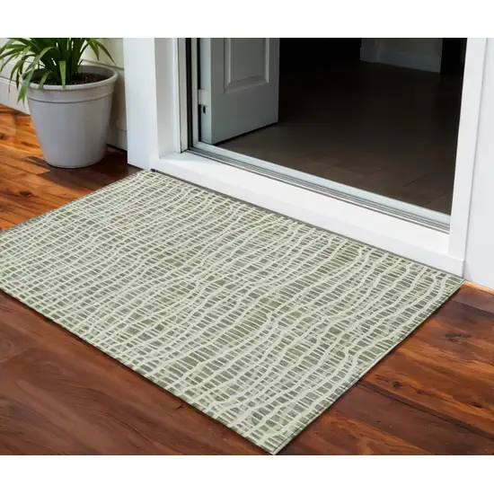 Green And Ivory Striped Washable Indoor Outdoor Area Rug Photo 2
