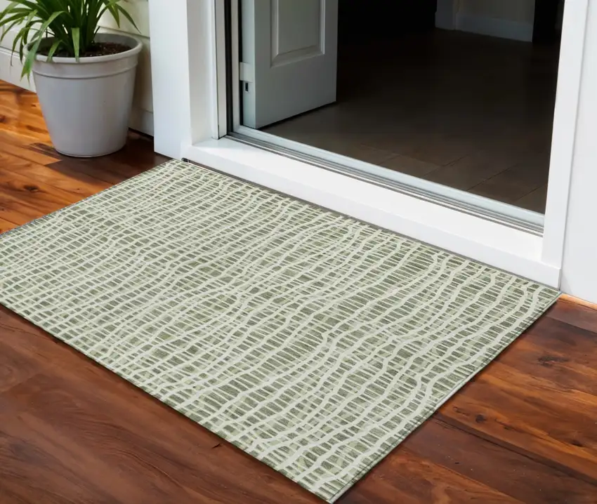 Green And Ivory Striped Washable Indoor Outdoor Area Rug Photo 2