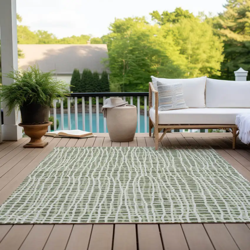 Green And Ivory Striped Washable Indoor Outdoor Area Rug Photo 8