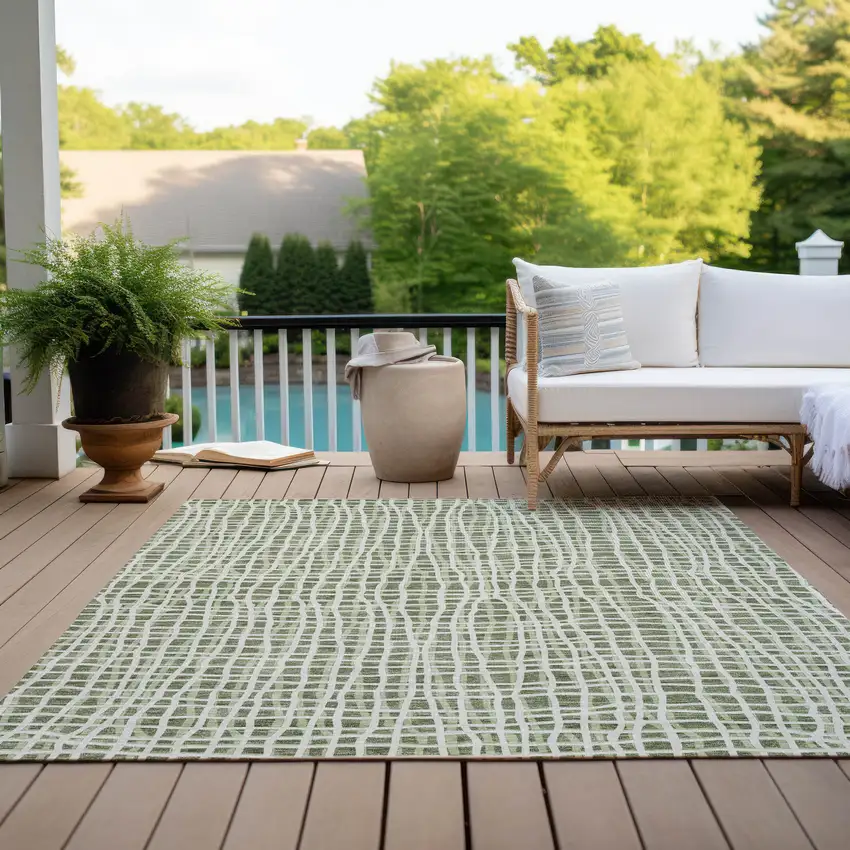 Green And Ivory Striped Washable Indoor Outdoor Area Rug Photo 8