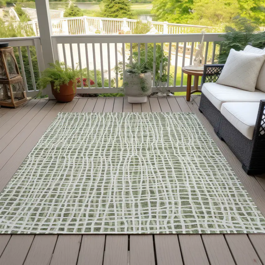 Green And Ivory Striped Washable Indoor Outdoor Area Rug Photo 5